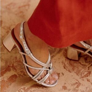 Sézane Thalie Sandals, Silver Crackled Metallic Leather | Size 9 (fits 8.5), NWT